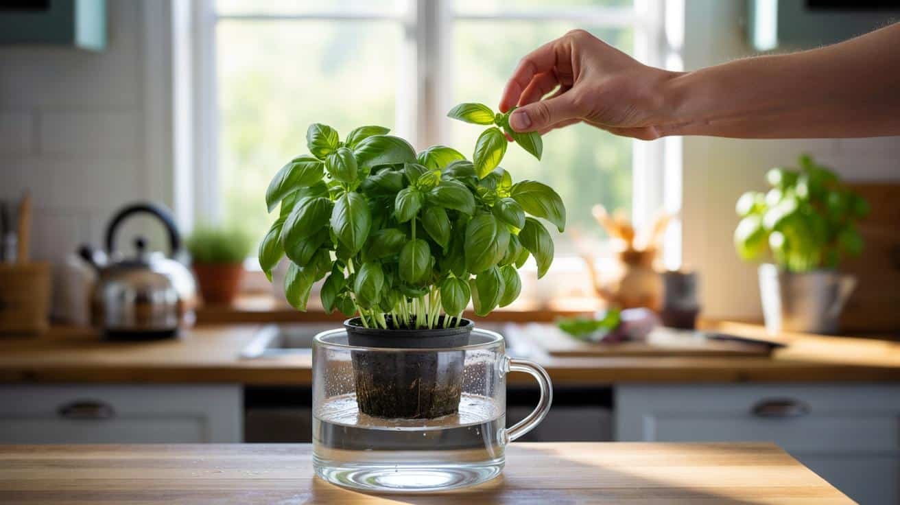 Keep basil alive indoors with the double pot water mug trick and one daily pinch